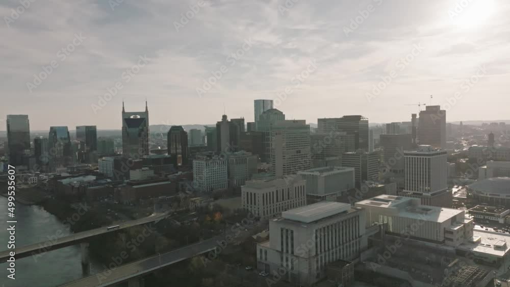 Aerial pull out over river in downtown Nashville with traffic over bridges. Aerial pull out over river in downtown Nashville with traffic over bridges.