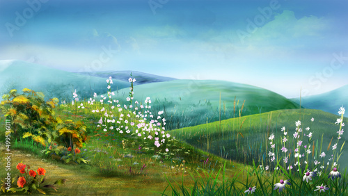 Hilly landscape with wildflowers 01