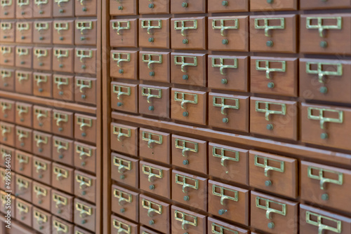 Wooden filing cabinet for document or cards and library accounting in past centuries