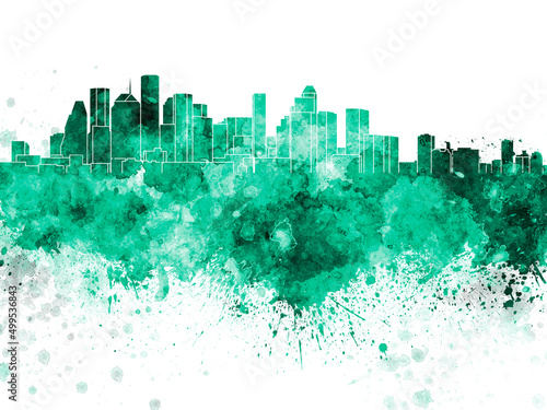 Houston skyline in green watercolor on white background