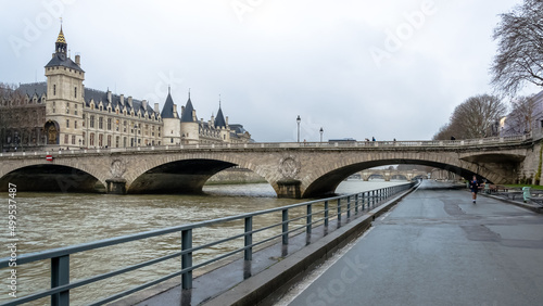Architectural detail of the Pont au Change (the change bridge), a bridge that crosses the Seine located at the border between the first and fourth arrondissements 