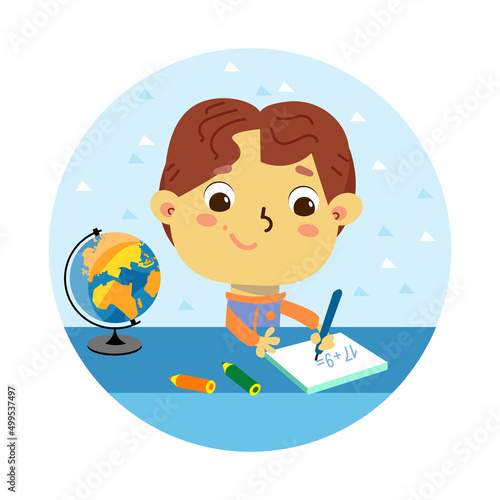 Little boy study, do homework. Cute cartoon character. Vector illustration for posters, children book design.