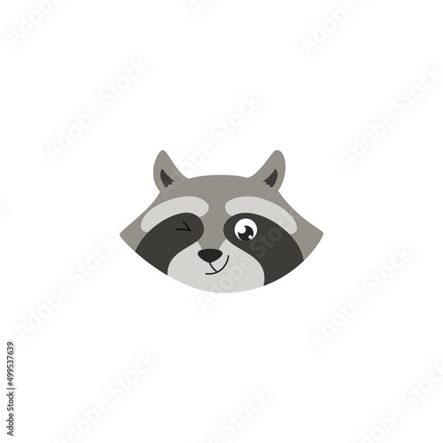 Muzzle of a winking raccoon, animal head in flat vector illustration isolated