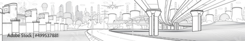 Hydro power plant. River Dam. Train rides on bridge. Highway overpass. City infrastructure industrial illustration panorama. Urban life. Black outlines on white background. Vector design art