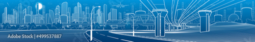 Higway overpass. Train rides on bridge. Illumination city road. Cityscape infrastructure industrial illustration panorama. Modern town. Urban life. White outlines on blue background. Vector design