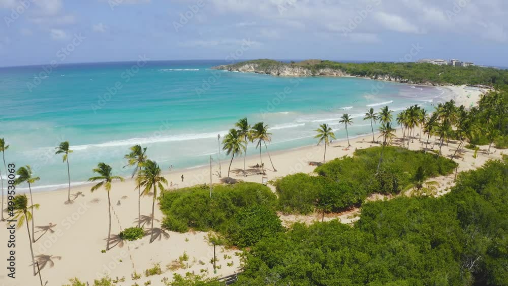 Sandy palm beach on the green tropical peninsula of the Dominican Republic. Sunny summer day on the beach. Turquoise sea off the Caribbean coast. Travel to tropical paradise. The beauty of the wild. Sandy palm beach on the green tropical peninsula of the Dominican Republic. Sunny summer day on the beach. Turquoise sea off the Caribbean coast. Travel to tropical paradise. The beauty of the wild.