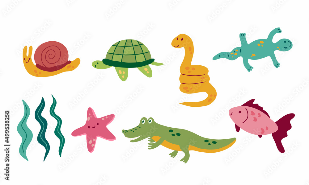 Naklejka premium Cute animals. Simple cartoon crocodile, snake, snail, starfish, lizard, turtle. Baby childish tropic animal. Vector set illustration isolated ob white.