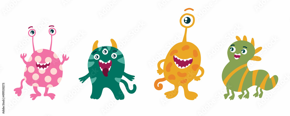 Obraz premium Cute cartoon monster characters. Aliens monsters. Colorful green funny animals for Halloween. Children baby vector illustration on white background.