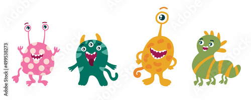 Cute cartoon monster characters. Aliens monsters. Colorful green funny animals for Halloween. Children baby vector illustration on white background.