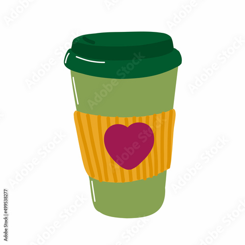 Coffee to go. Thermo cup for take away coffee. Tumblers with cap, handle and straw. Reusable cups and thermo mug. Vector thermos illustrations isolated on white background. Cartoon style. 