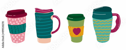 Thermo cup for take away coffee. Coffee to go set. Tumblers with mug, handle and straw. Reusable cups and thermo mug. Vector thermos illustrations isolated on white background. Flat cartoon style. 
