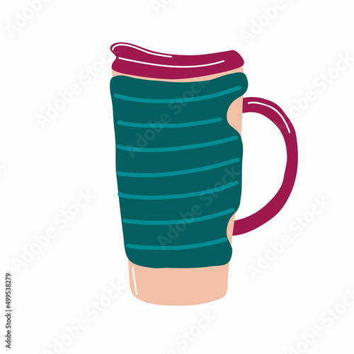 Coffee to go. Thermo cup for take away coffee. Tumblers with cap, handle and straw. Reusable cups and thermo mug. Vector thermos illustrations isolated on white background. Cartoon style. 