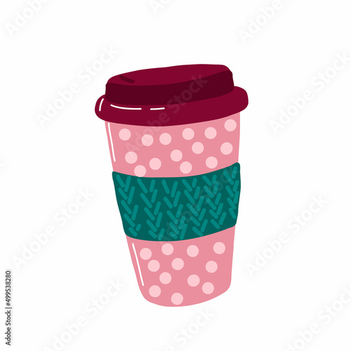 Coffee to go. Thermo cup for take away coffee. Tumblers with cap, handle and straw. Reusable cups and thermo mug. Vector thermos illustrations isolated on white background. Cartoon style. 