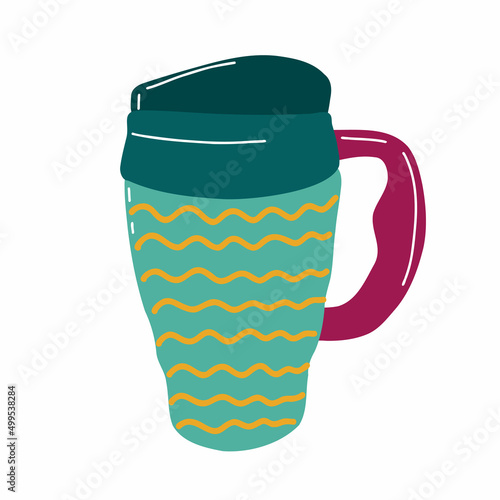 Coffee to go. Thermo cup for take away coffee. Tumblers with cap, handle and straw. Reusable cups and thermo mug. Vector thermos illustrations isolated on white background. Cartoon style. 