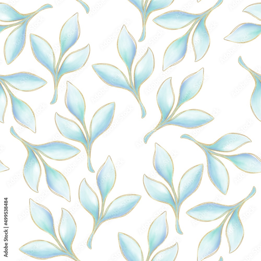 Seamless decorative pattern of twigs and leaves with blue and green gradient on a white background golden outline Seamless decorative pattern of twigs and leaves with blue and green gradient on a white background golden outline