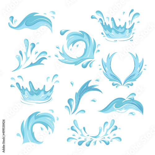 Splashes of water and blue waves. Vector set