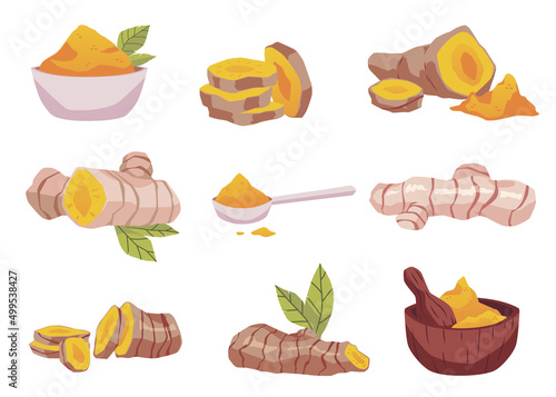 Turmeric or curcuma spice icons set, flat vector illustration isolated.