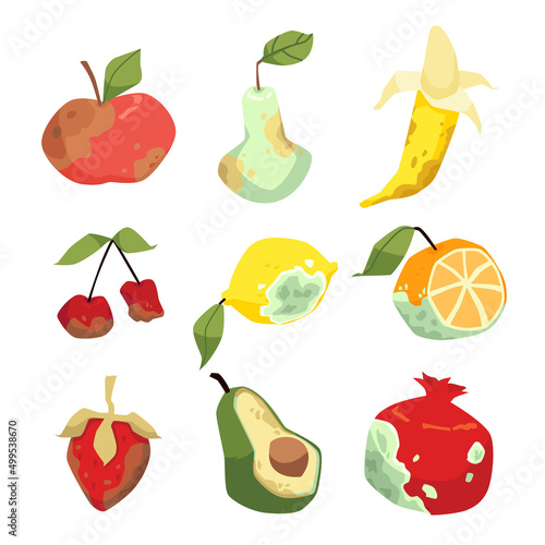 Set of spoiled, rotten fruits with mold, bacilli, fungi in flat vector
