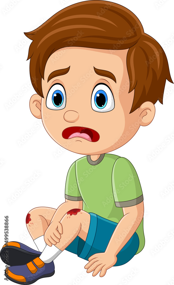 Cartoon little boy crying with scraped knee Cartoon little boy crying with scraped knee