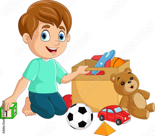Cartoon little boy playing with many toys