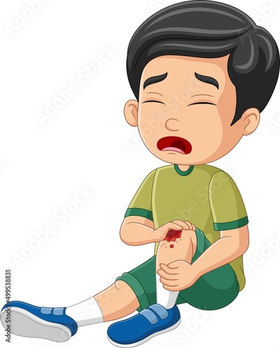 Cartoon little boy crying with scraped knee