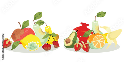 Compositions of assorted old, bad, stale, spoiled rotten fruits in flat vector photo