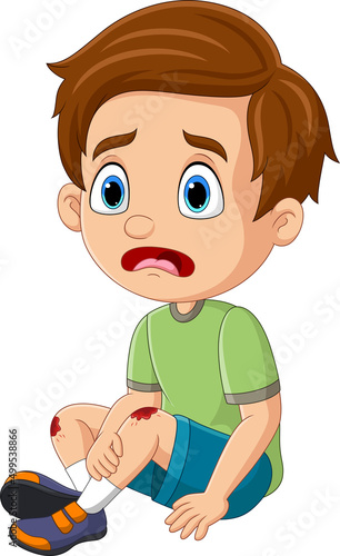 Cartoon little boy crying with scraped knee
