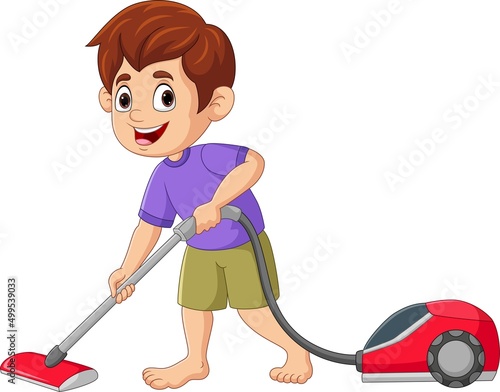Cartoon little boy using a vacuum cleaner