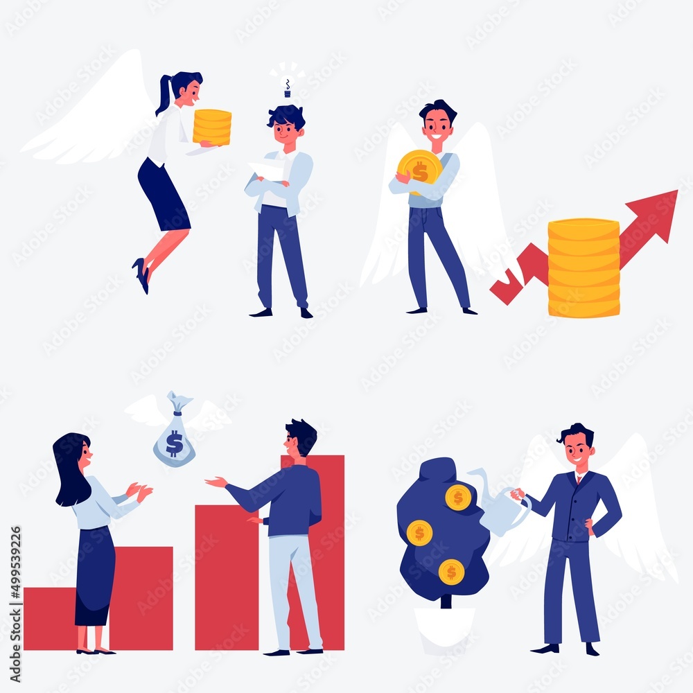 Business people funding and receive investment money, isolated vector clipart. Angel investor cartoon flat illustration.