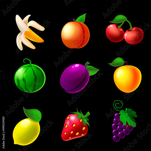 Set of Fruits machine slot icons, lemon, strawberry, grapes, apple, watermelon, plum, banana, peach, cherry. Classic collection symbol for games gambling, mobile app. Vector illustration cartoon style