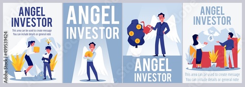 Angel Investor flat cartoon vector set. Angel funder or sponsor provides money capital to startup and business ideas.