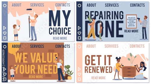 Family house repair vector set, DIY home renew cartoon flat. Black family do spring clean, renew furniture together.