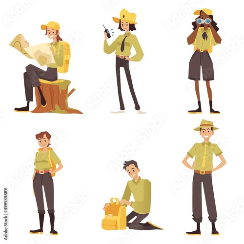 Ranger in uniform with walkie-talkie, binoculars guards environment. Set of cartoon men, women scouts or forest police officers protecting national park in flat vector illustration isolated on white