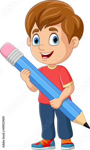 Cartoon boy holding a big pencil