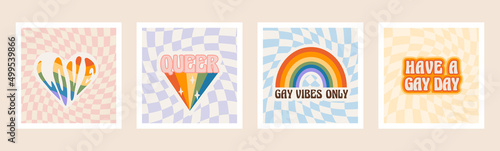 Pride month square cards with rainbow, LGBTQ symbols, phrases and slogans. Set of queer social media post with distorted checkerboard on background. LGBT banner in retro groovy 60s 70s style. Vector.