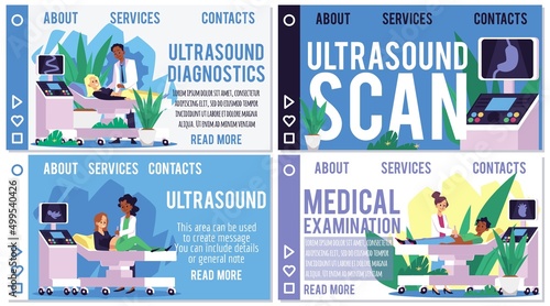 Ultrasound scan medical exam web banner templates set, flat vector illustration. Webpage interface bundle with people overgoing ultrasound test in clinic.