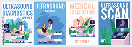 Radiology imaging device, cartoon medicine vector poster. Black doctor take ultrasound examination of pregnant woman.