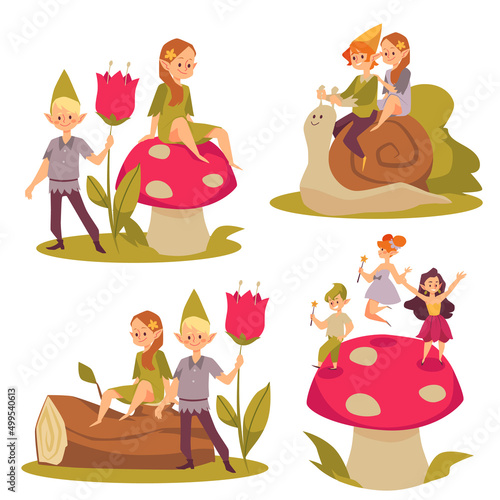 Scenes with fairy pixie boys and girls riding snail, cartoon flat vector illustration isolated on white background.