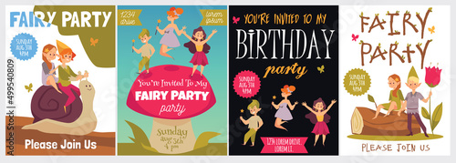 Fairy birthday party for children, invitation posters template with cute pixies, cartoon flat vector illustration.