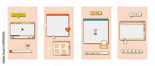 Set of stories templates in vaporwave style. Nostalgic design of social media posts. Retro 80s 90s aesthetic backdrops, groovy backgrounds with old computer user interface. Vector illustration.