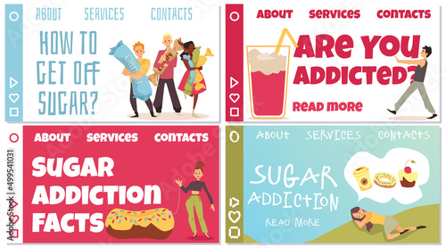 Sugar glucose addiction problem web banners bundle, flat vector illustration.