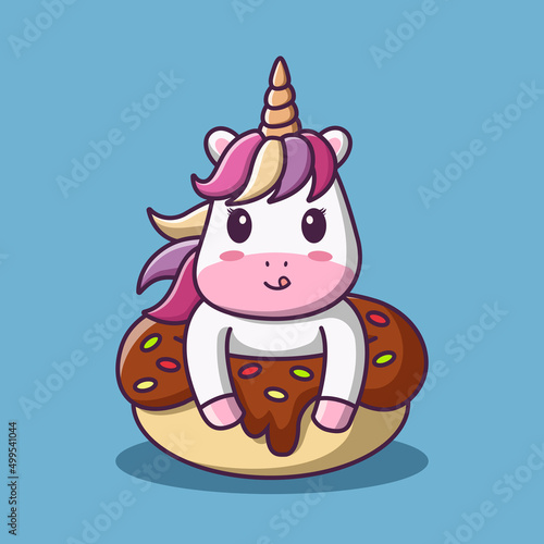 Cute cartoon unicorn with sweet donut, vector cartoon illustration, cartoon clipart
