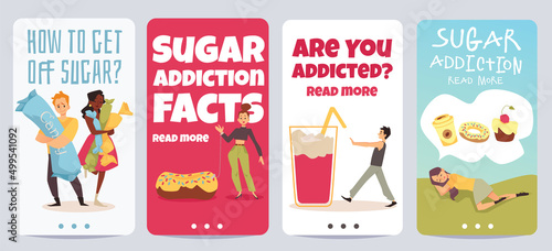 Sugar addiction problematic posters or banners set, flat vector illustration.