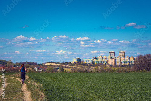 Canvas Print Active life in the suburbs of Prague, background of prefabricated houses