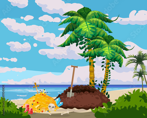 Treasure tropical Island, dug drug treasure pit from the ground, ancient pirate treasure pile of gold, scull, exotic plants, palms, sea, ocean, clouds. Sea landscape coast, beach, sand adventure game