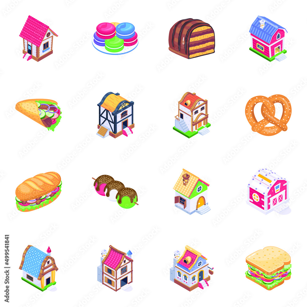 Pack of Food and Real Estate Isometric Icons 