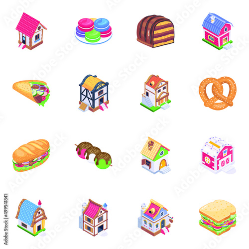 Pack of Food and Real Estate Isometric Icons 