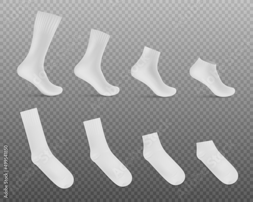 White men's socks on transparent background, realistic 3d illustration. Sport socks, on the foot and flat, vector mockup photo