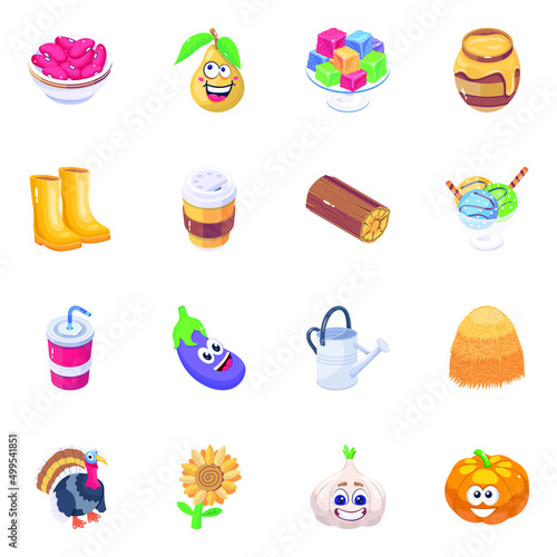 Isometric Icons of Food Ingredients and Farming 