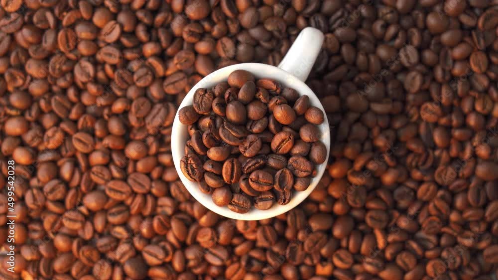 A white mug filled with coffee beans rotates standing against a background of roasted coffee beans.Top view A white mug filled with coffee beans rotates standing against a background of roasted coffee beans.Top view